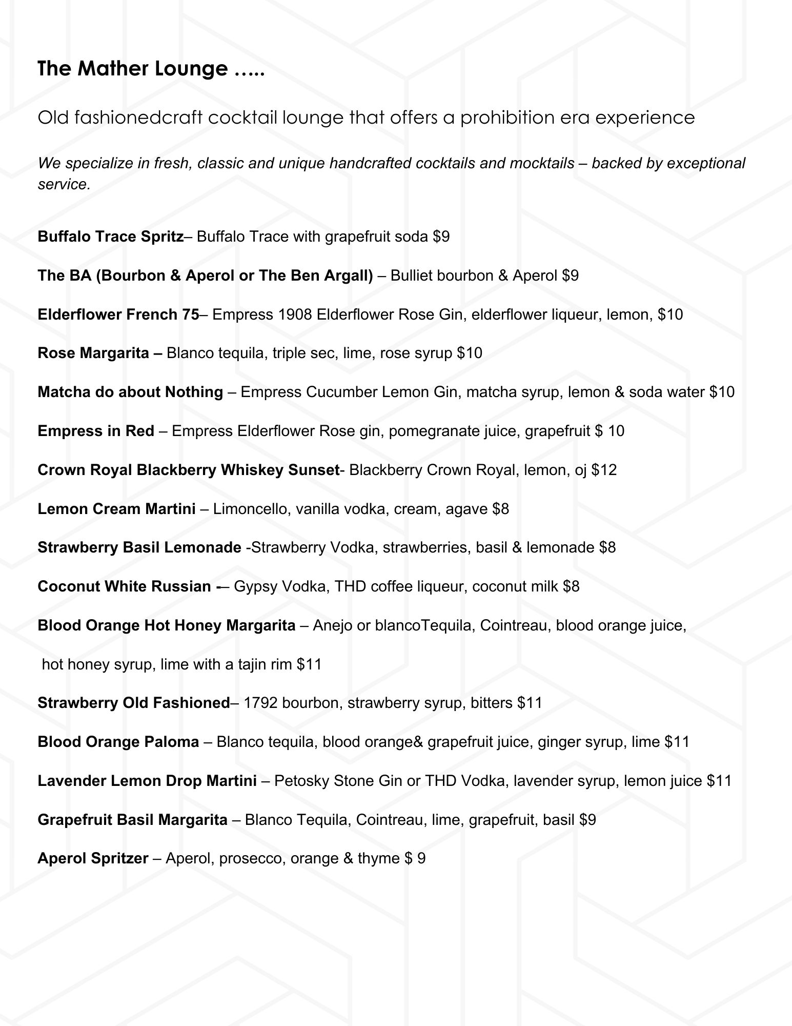 May Cocktail Menu List