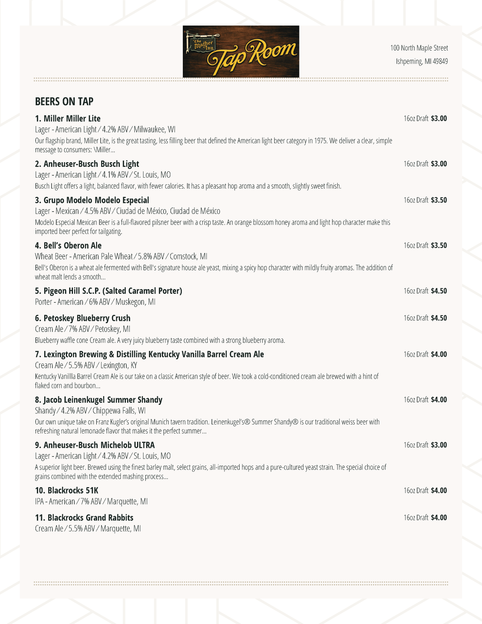 The Mather Tap Room Beers on Tap Menu