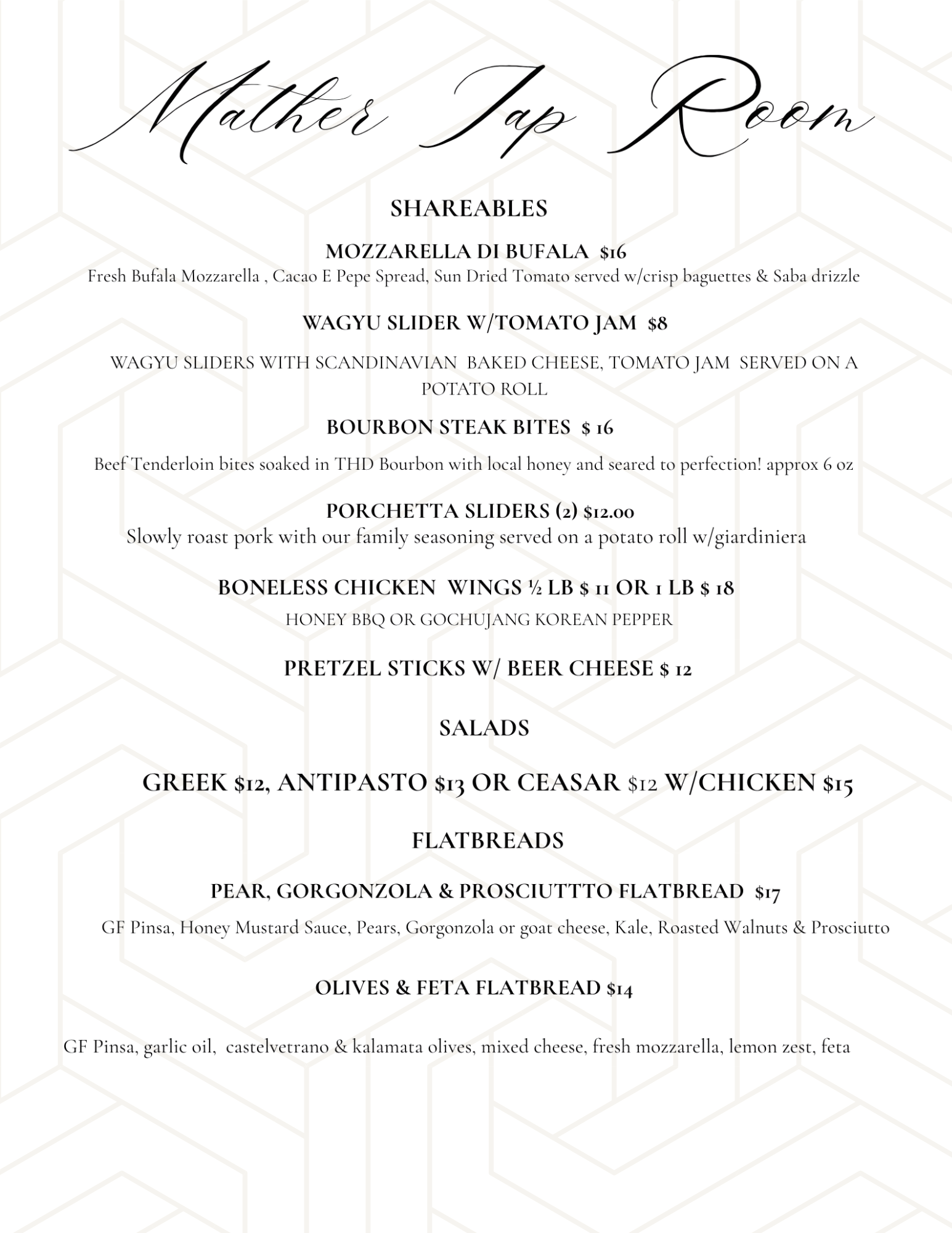 Tap Room Menu Page One