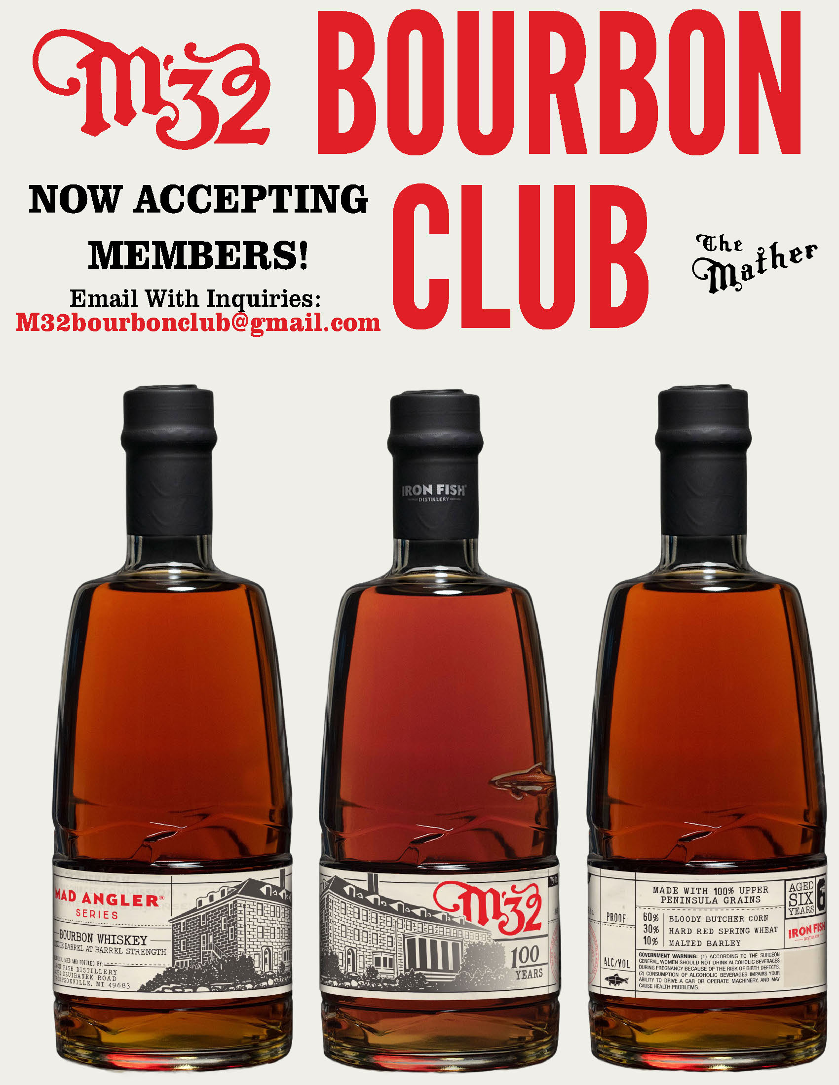 Promotional poster for The Mather Bourbon Club with the header "Now Accepting Members!" above three bottles of bourbon against a light background.