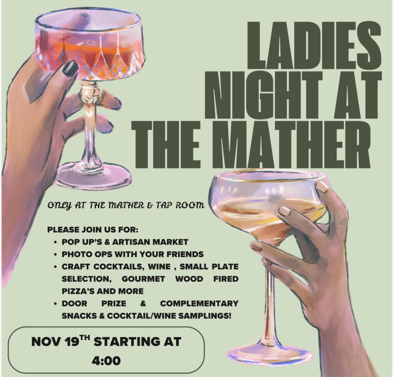 Promotional flyer for Ladies Night at The Mather featuring colorful cocktails and event details.
