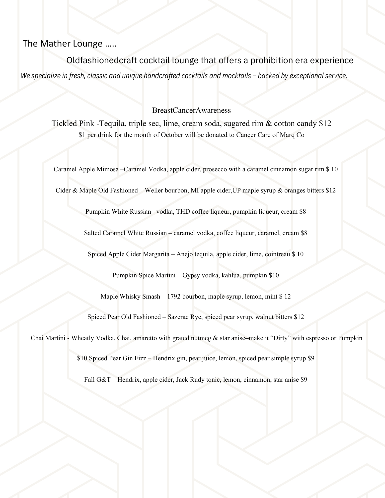 October 2026 cocktail menu for The Mather Lounge.